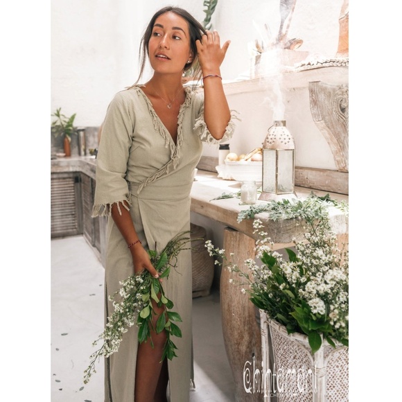 Chintamani Wrap Boho Cotton Dress with Fringe Sage Green Small - Picture 4 of 16